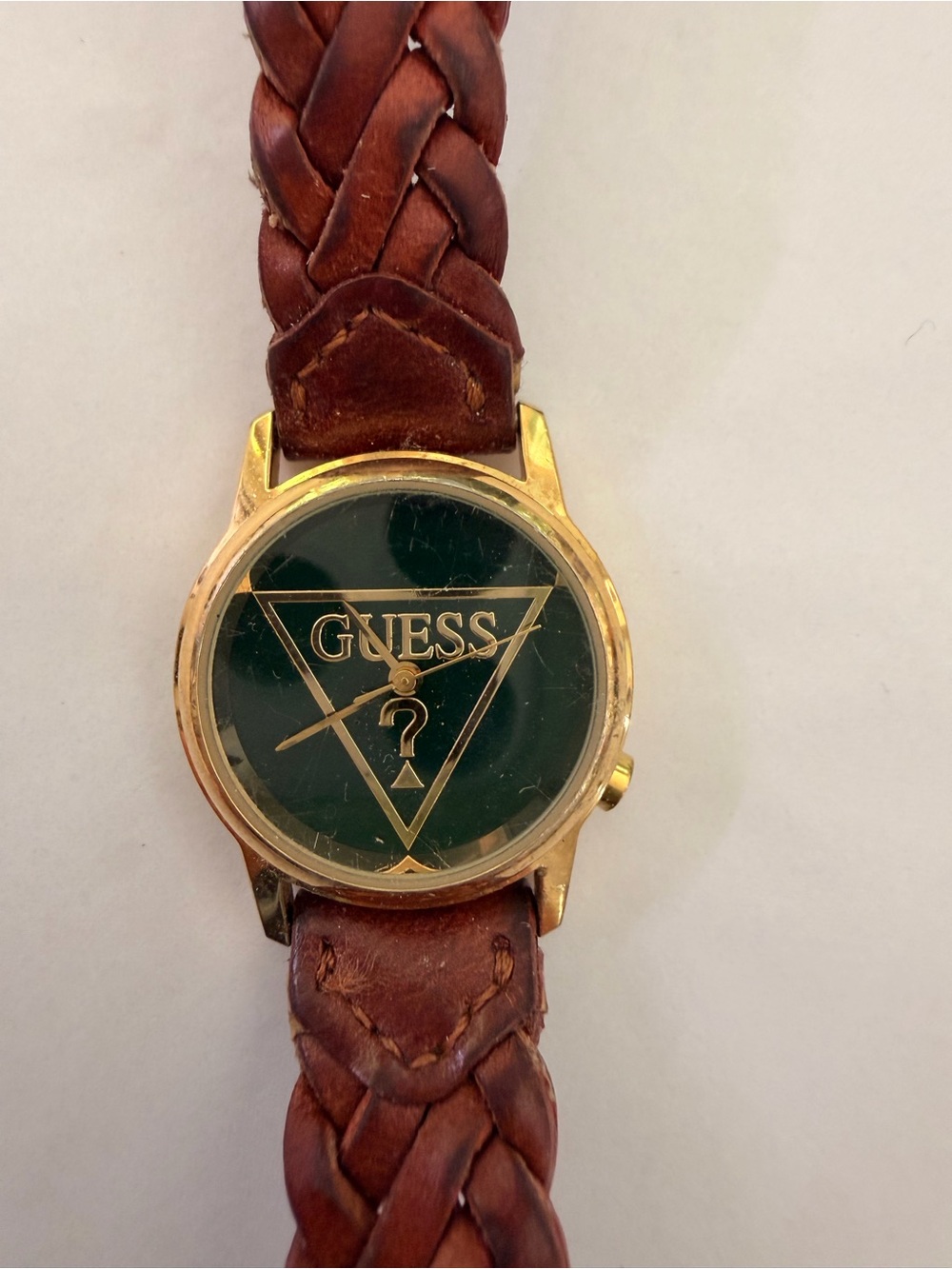Vintage 1994 Guess Triangle Logo Dial Watch Braided Leather Strap Needs Battery